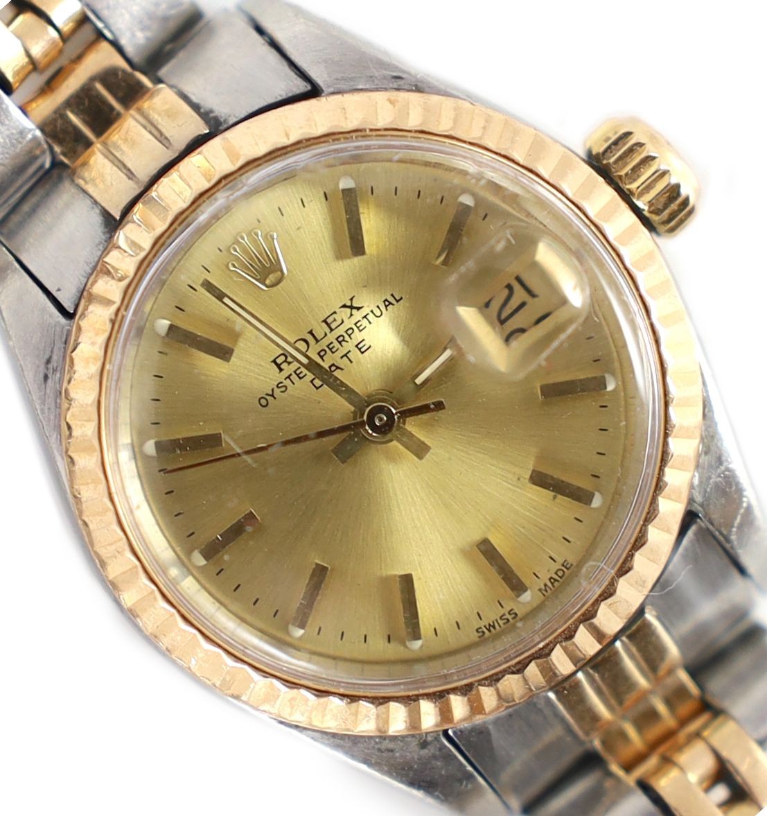 A lady's 1970's steel and gold Rolex Oyster Perpetual Date wrist watch, on a Rolex steel and gold bracelet
